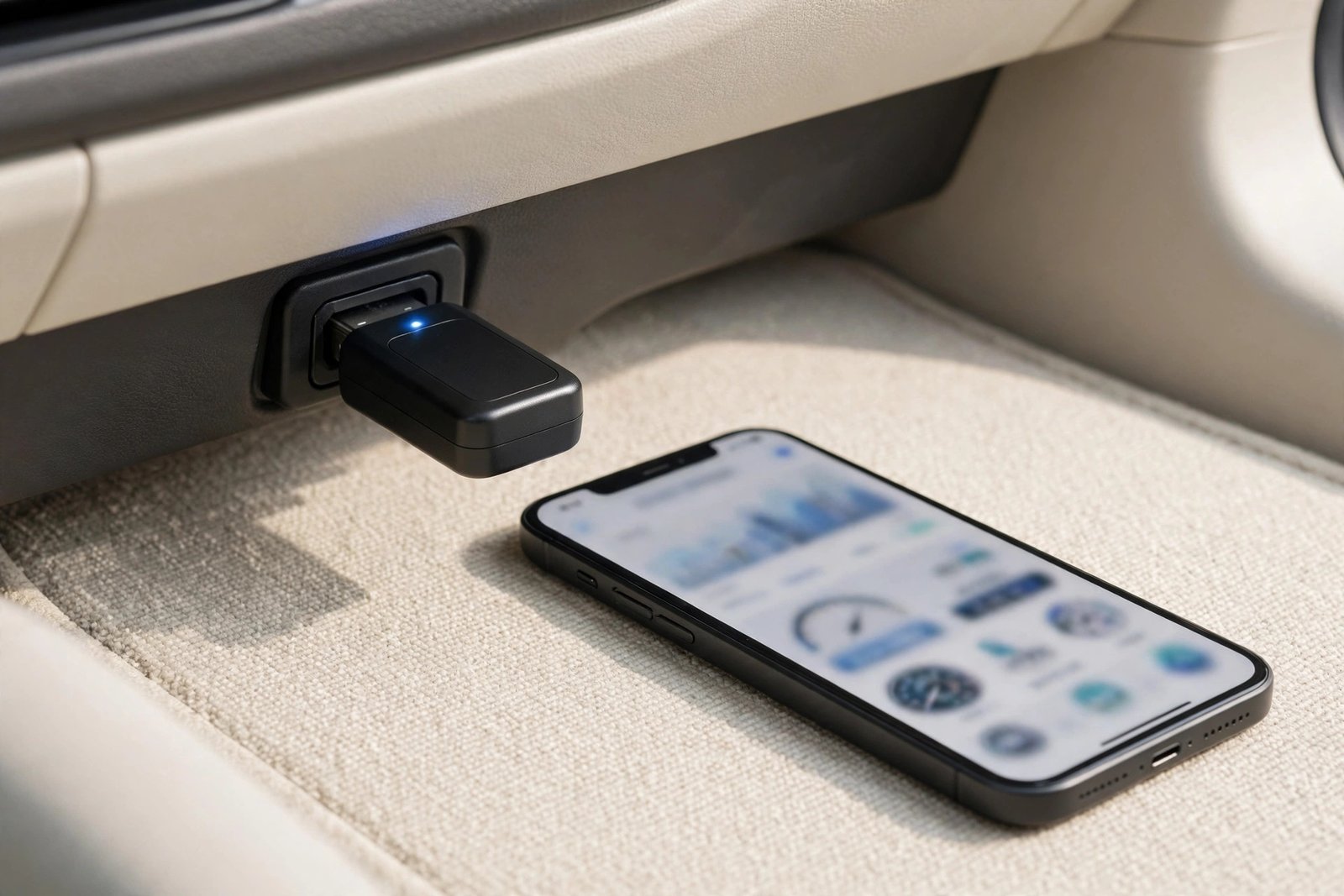 Bluetooth OBD2 scanner diagnostic tool plugged into a car dashboard port next to a smartphone