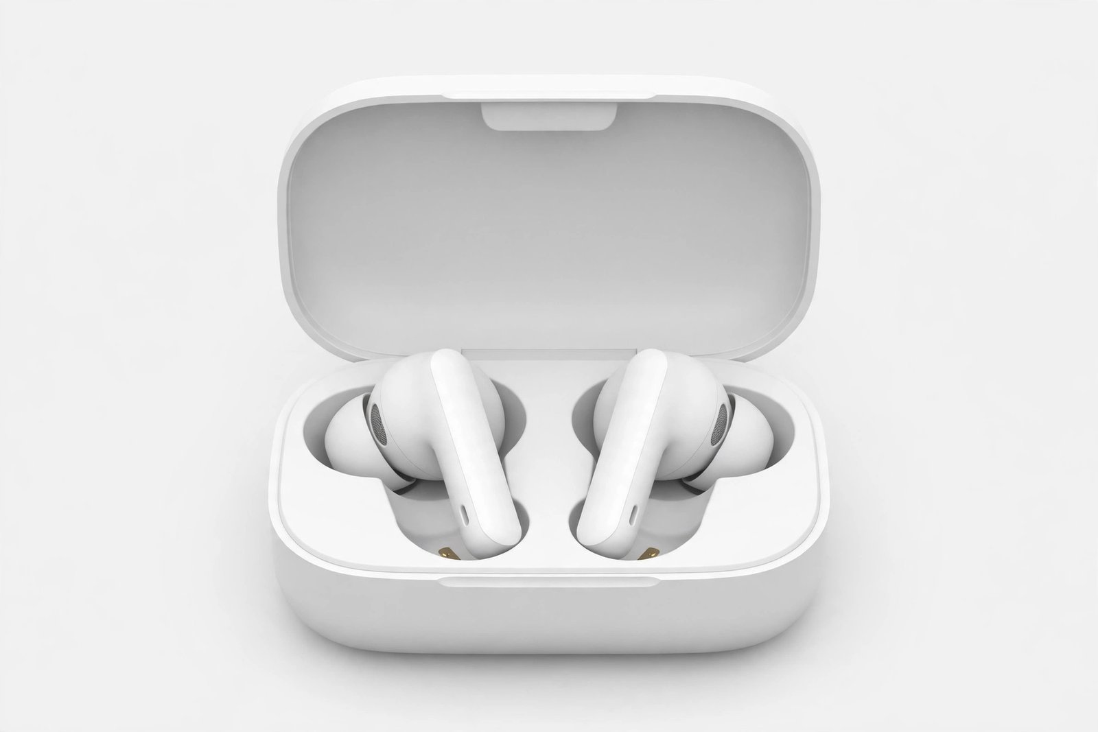 Compact wireless earbuds in an open white charging case