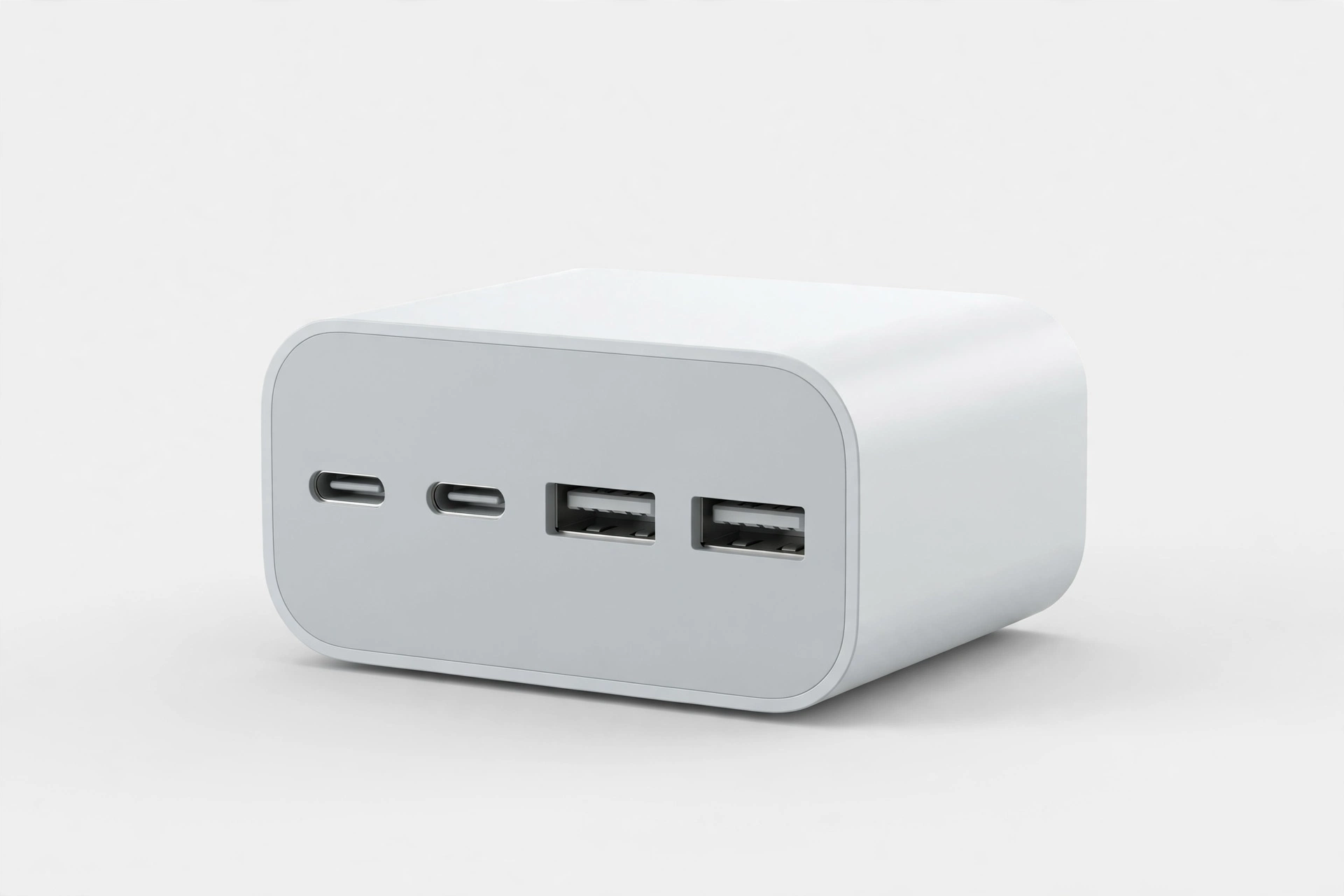 Compact multi-port fast charger with several USB ports on a plain light background