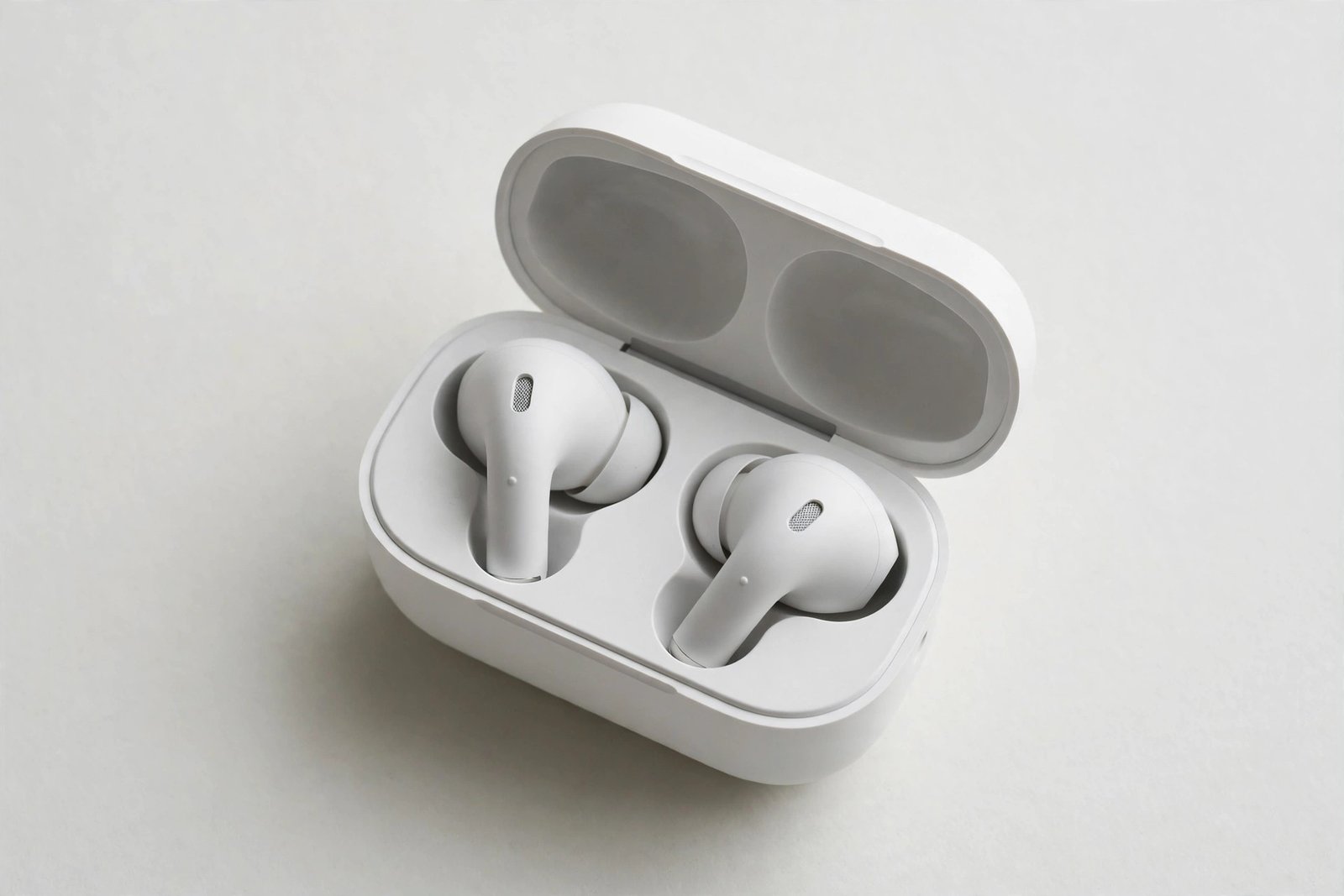 Wireless earbuds in an open charging case on a plain light background
