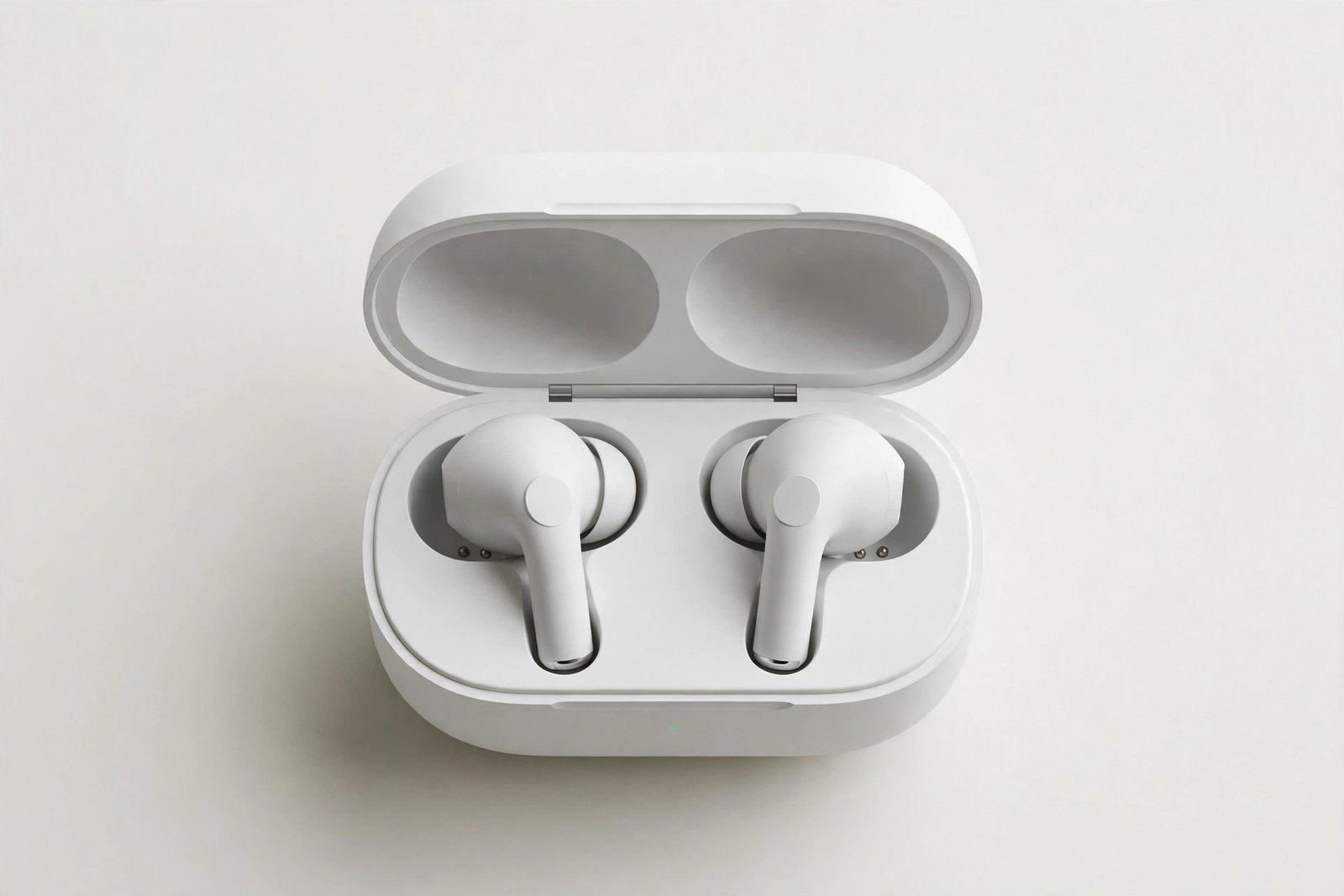 Wireless earbuds in an open charging case on a plain light background