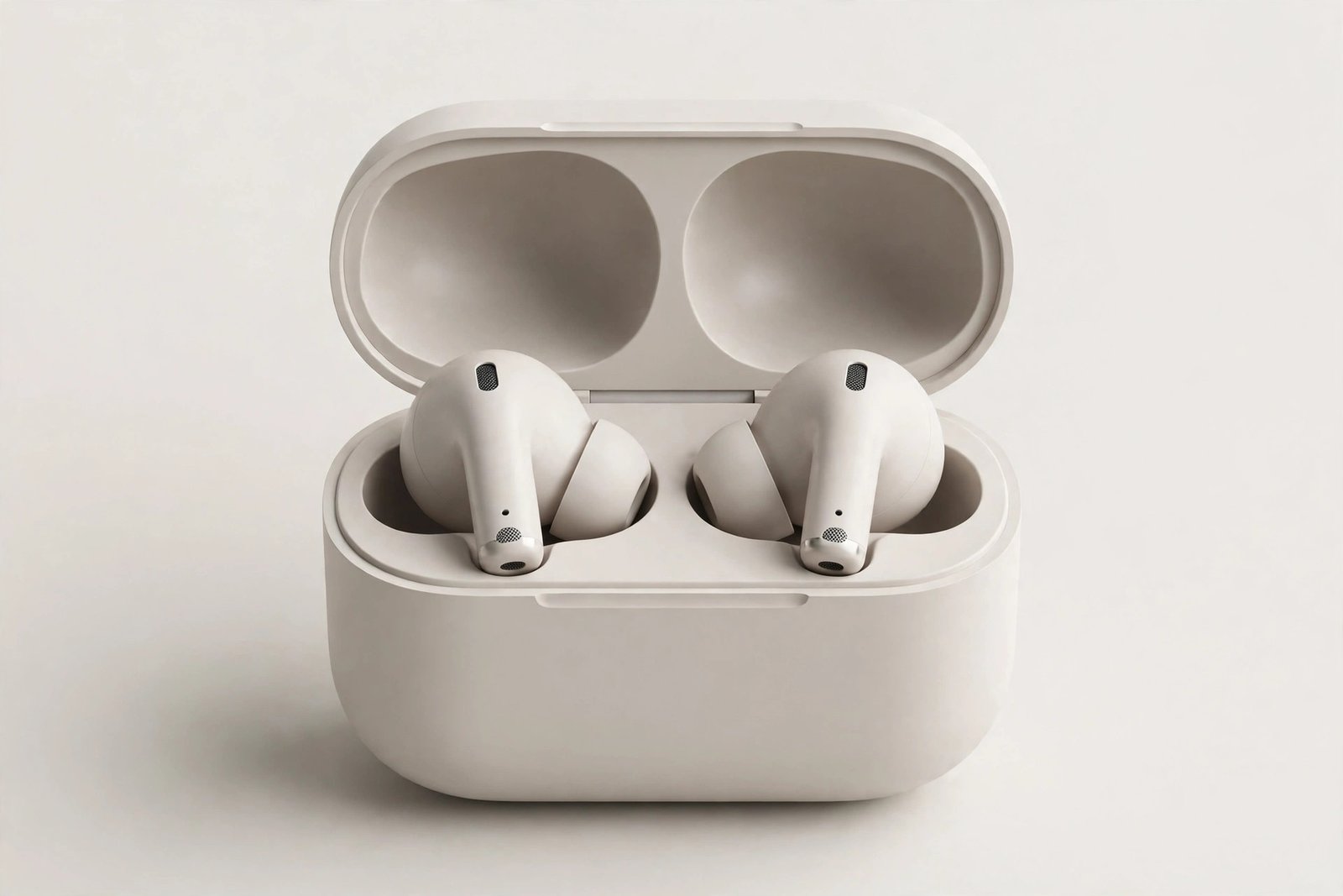 Wireless noise-cancelling earbuds in an open charging case on a light background