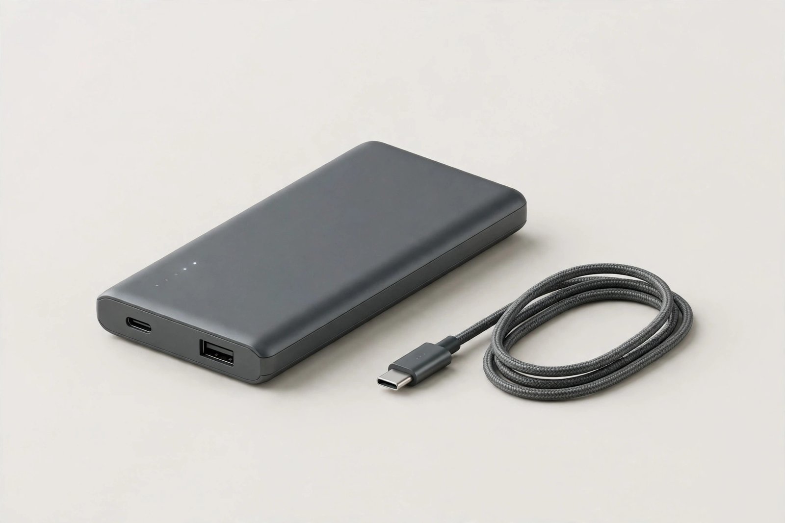 Slim high-capacity portable charger with a short charging cable on a light background