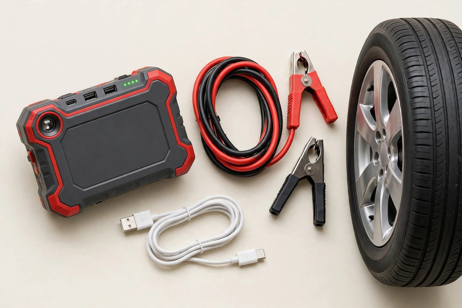 Portable car jump starter power pack with jumper cables and USB charging cable