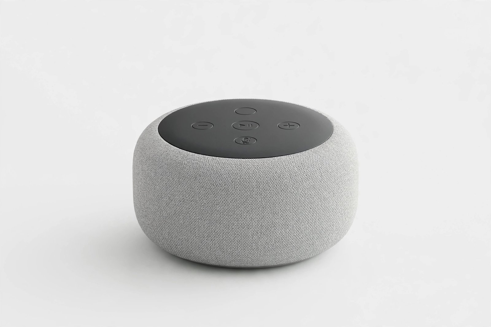 Compact round smart speaker with fabric finish on a light background