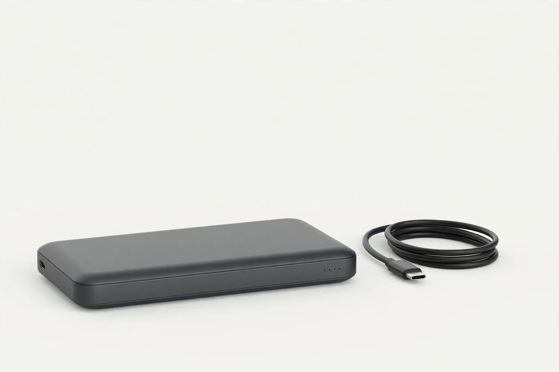 Slim portable power bank with a charging cable on a plain light background