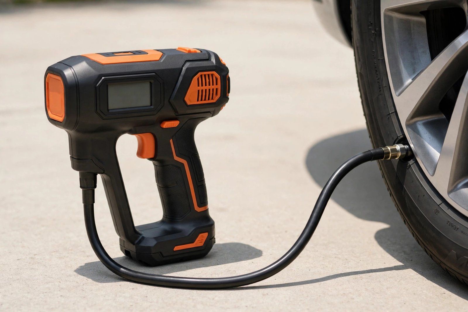 Cordless tire inflator with digital gauge connected to a car tire valve