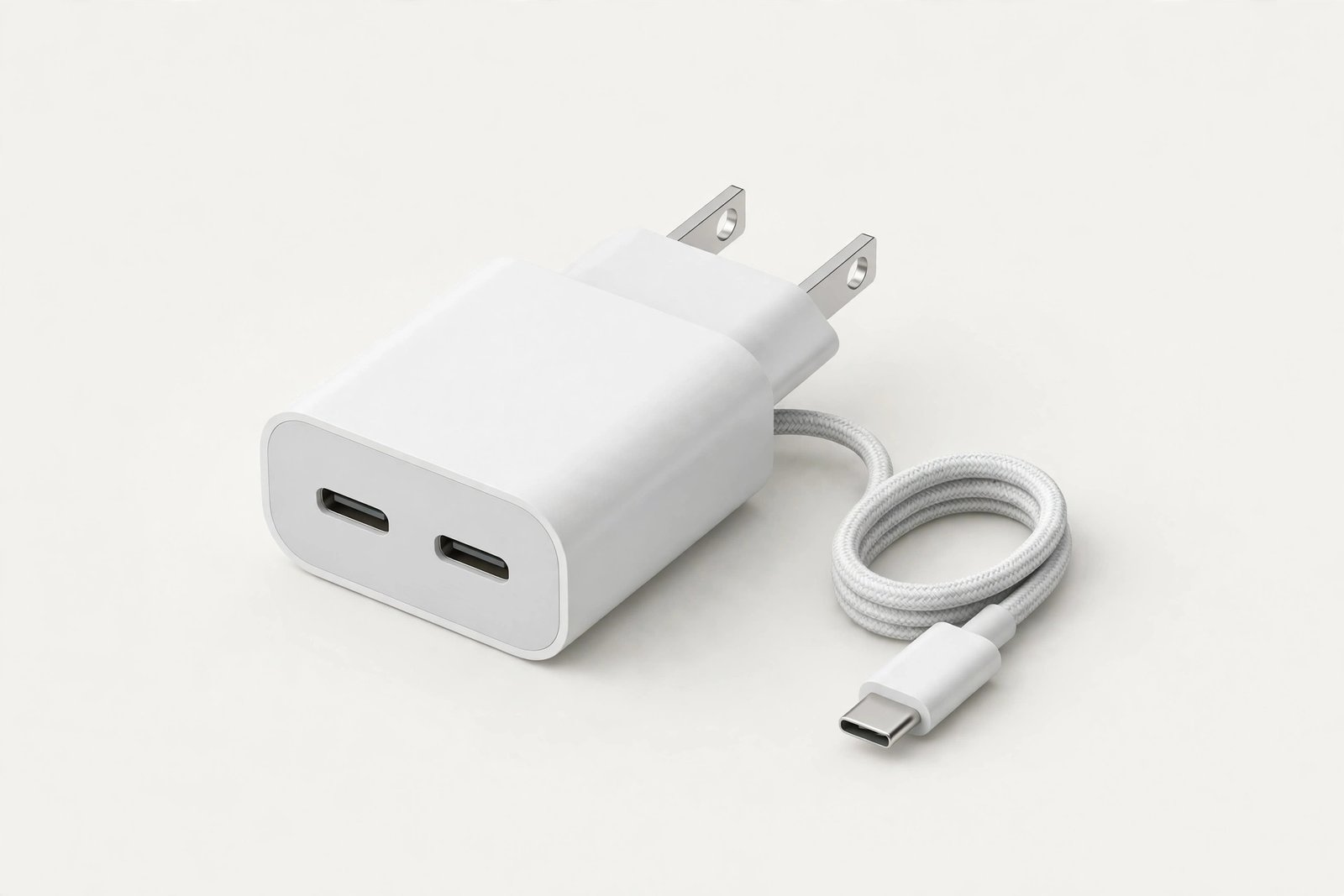 Compact dual-port USB-C wall charger with a short cable