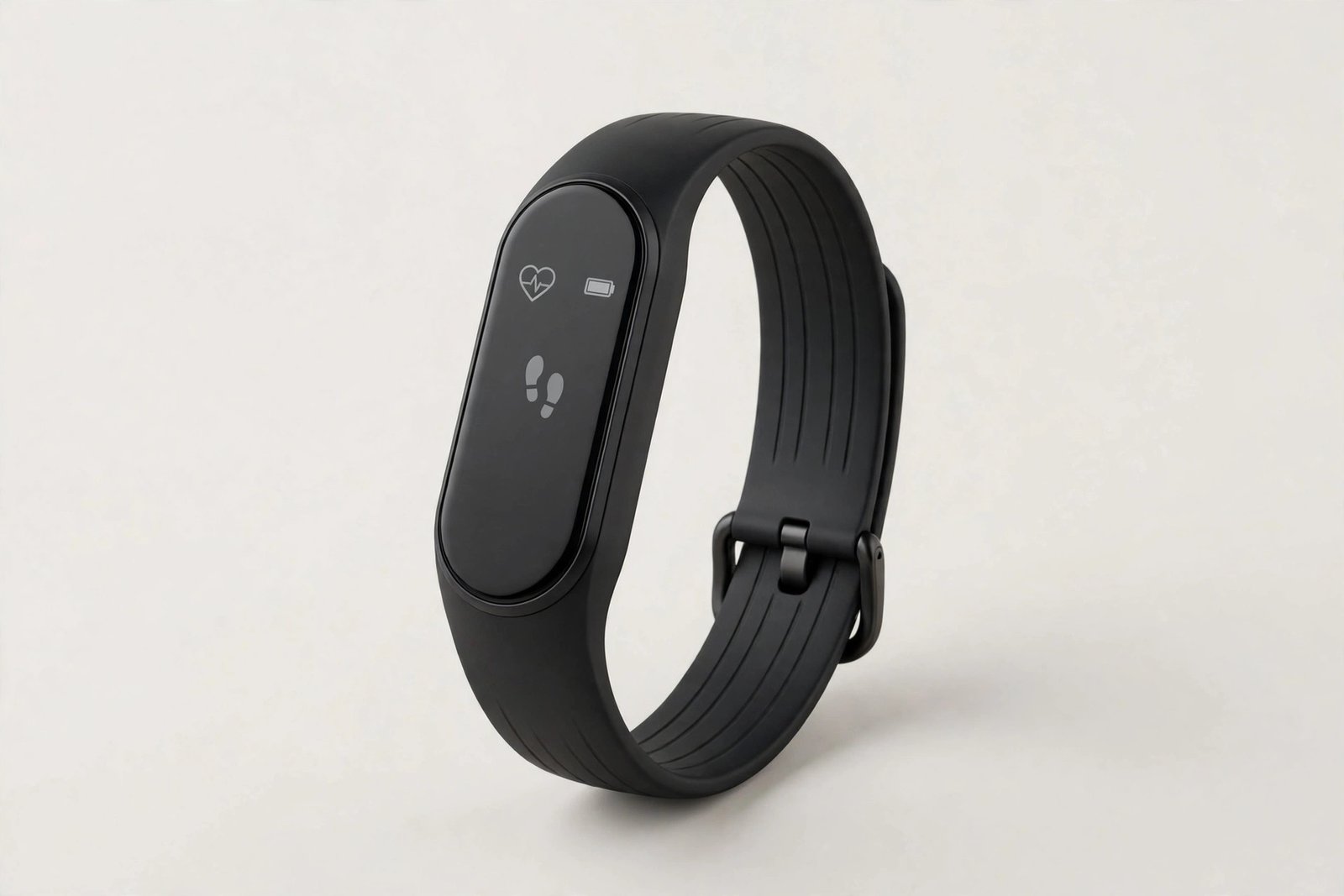Slim fitness activity tracker watch with a dark strap on a light background