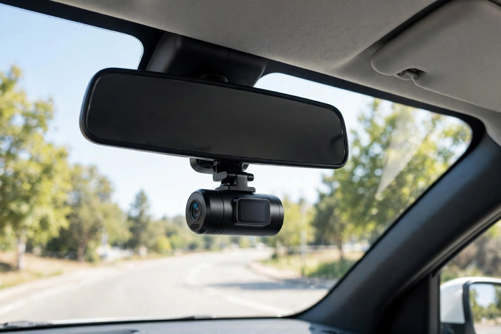 Compact 2K dash cam with night vision mounted on a car windshield behind the rear-view mirror