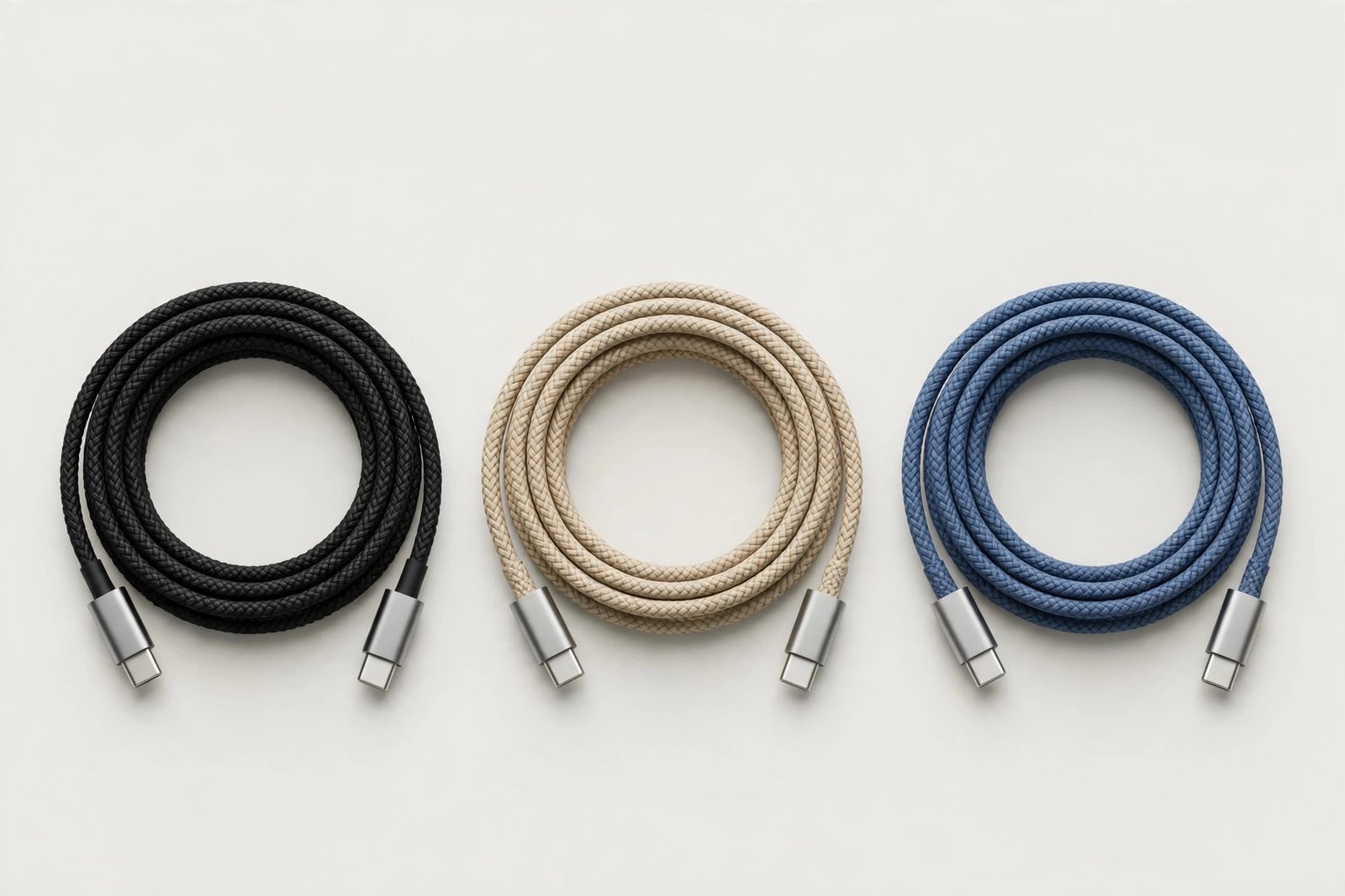 Set of braided charging cables neatly coiled