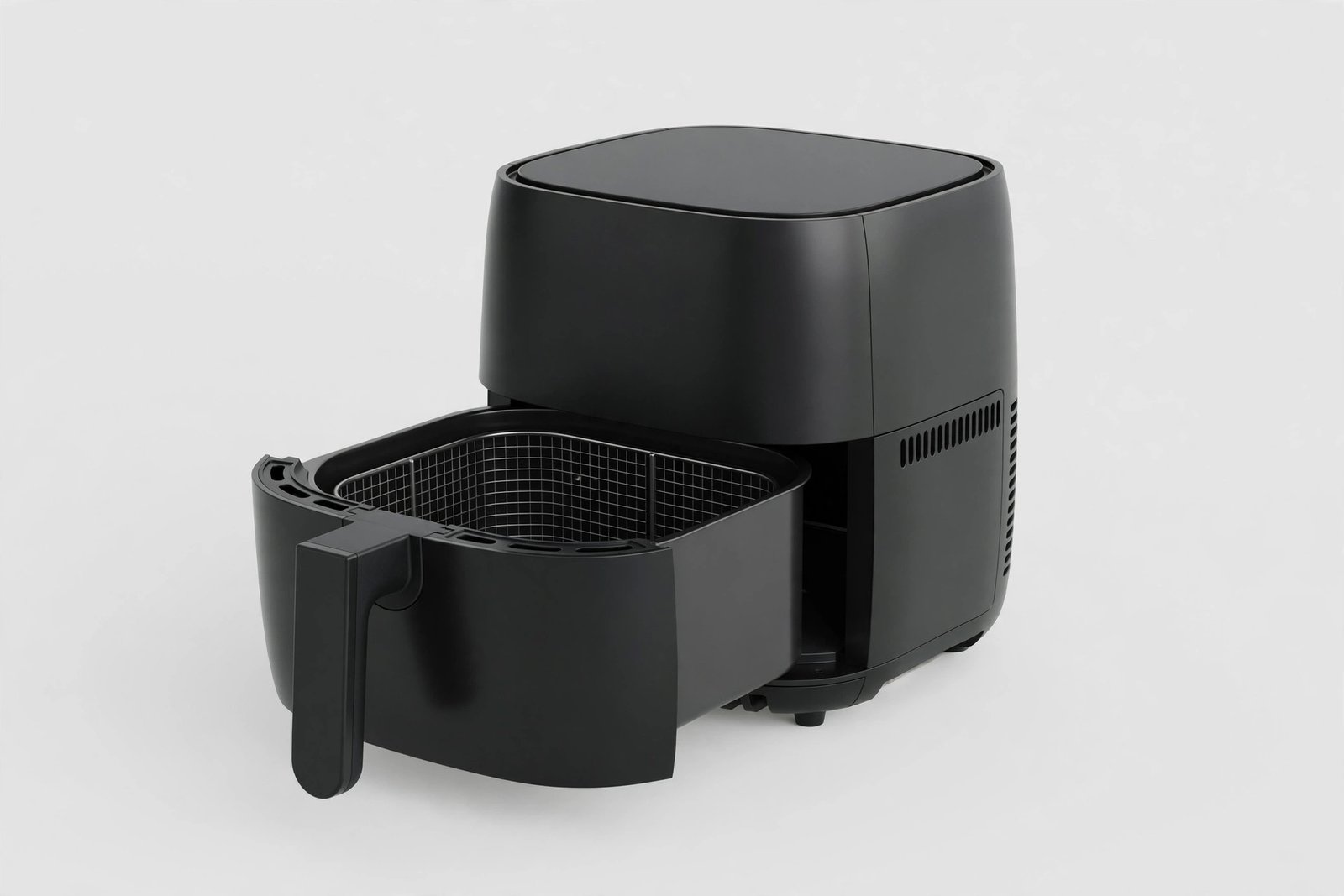 Compact air fryer with a pull-out basket on a plain light background