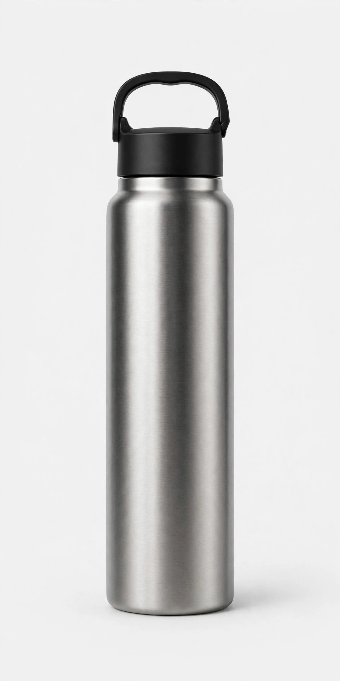 Tall insulated stainless steel water bottle on a plain light background