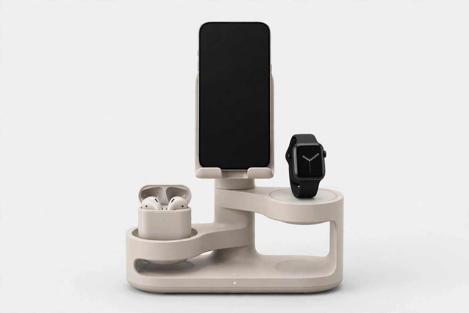 Three-in-one wireless charging station holding a phone, a smartwatch and wireless earbuds