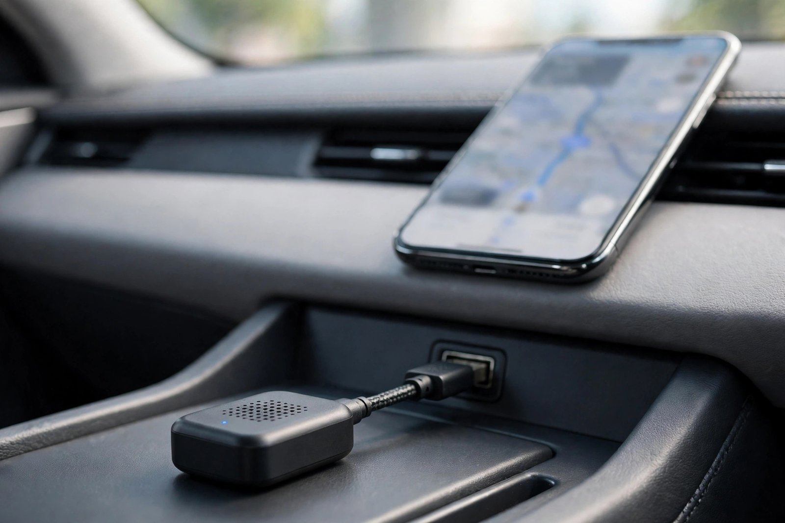 Wireless CarPlay and Android Auto adapter dongle plugged in near a car center console