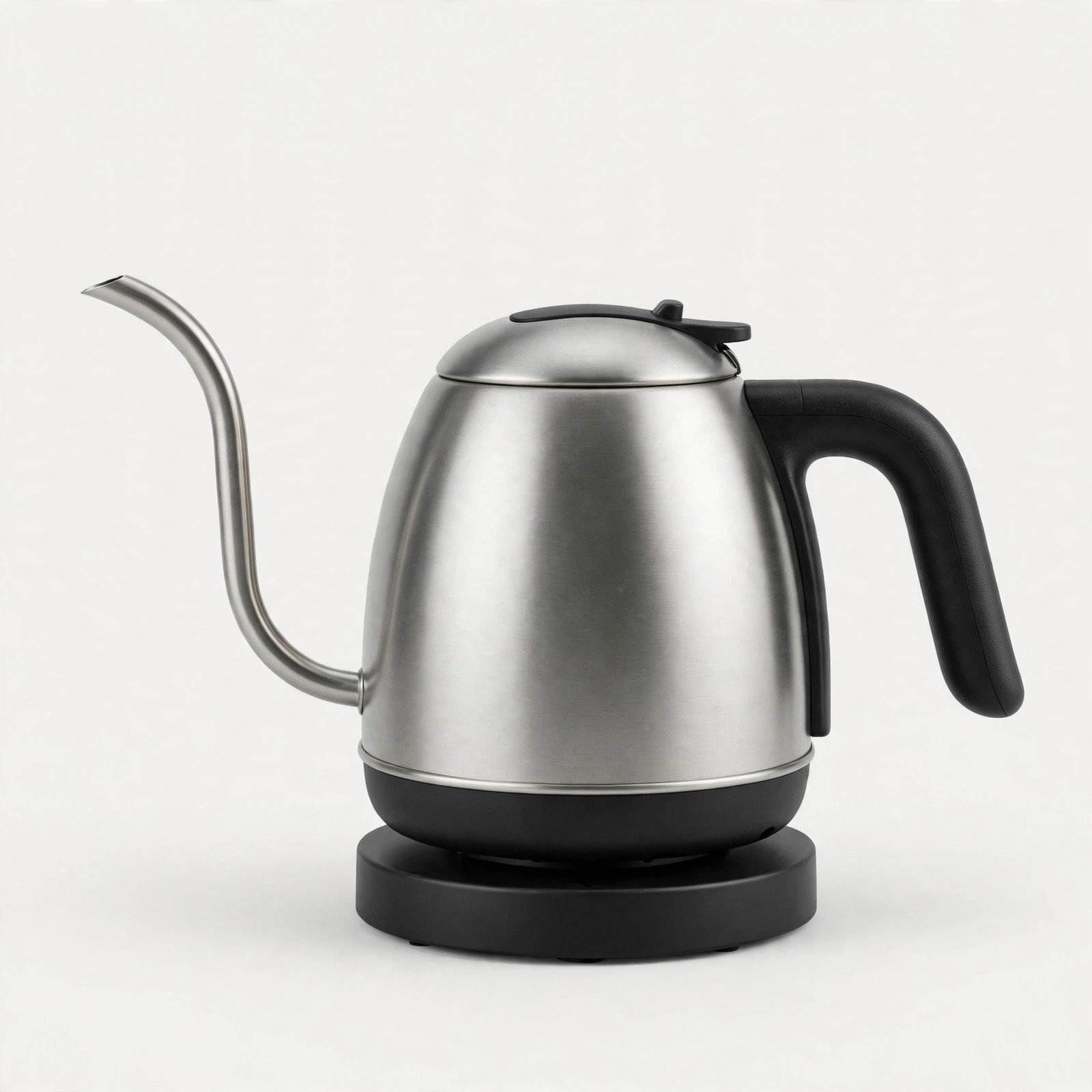 Compact electric kettle with a gooseneck spout on a plain light background