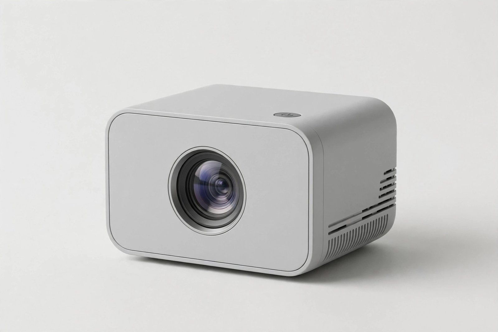 Compact mini projector with a front lens on a light background
