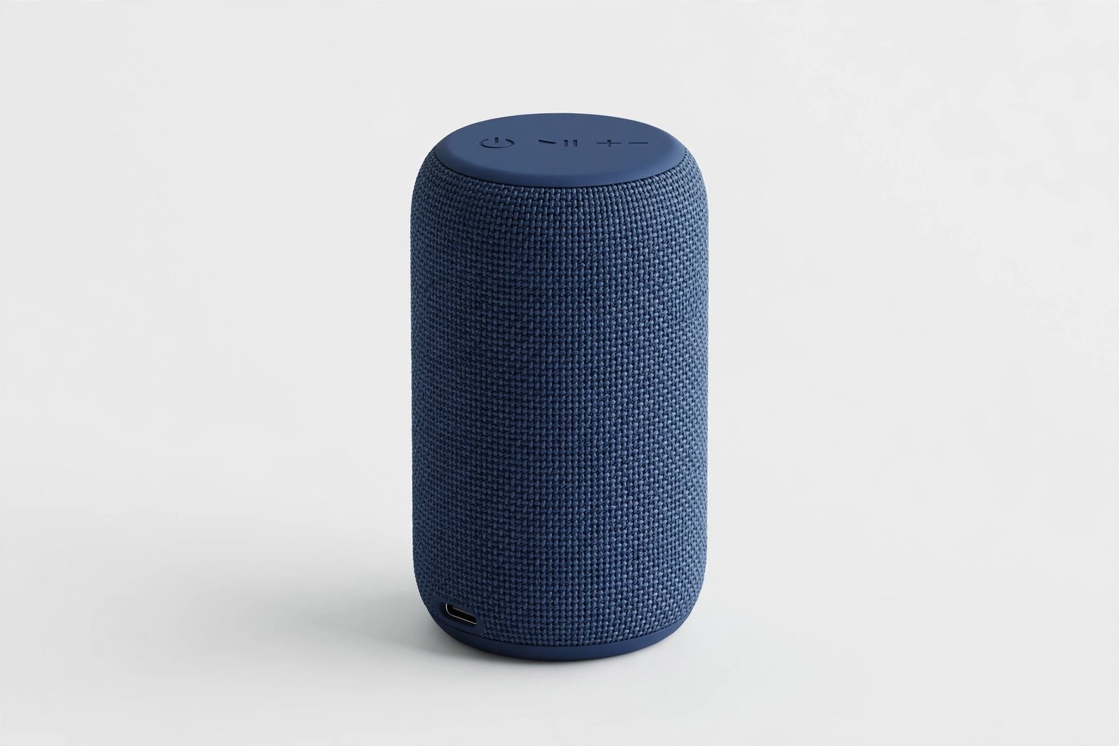 Small cylindrical portable Bluetooth speaker in dark blue fabric on a light background