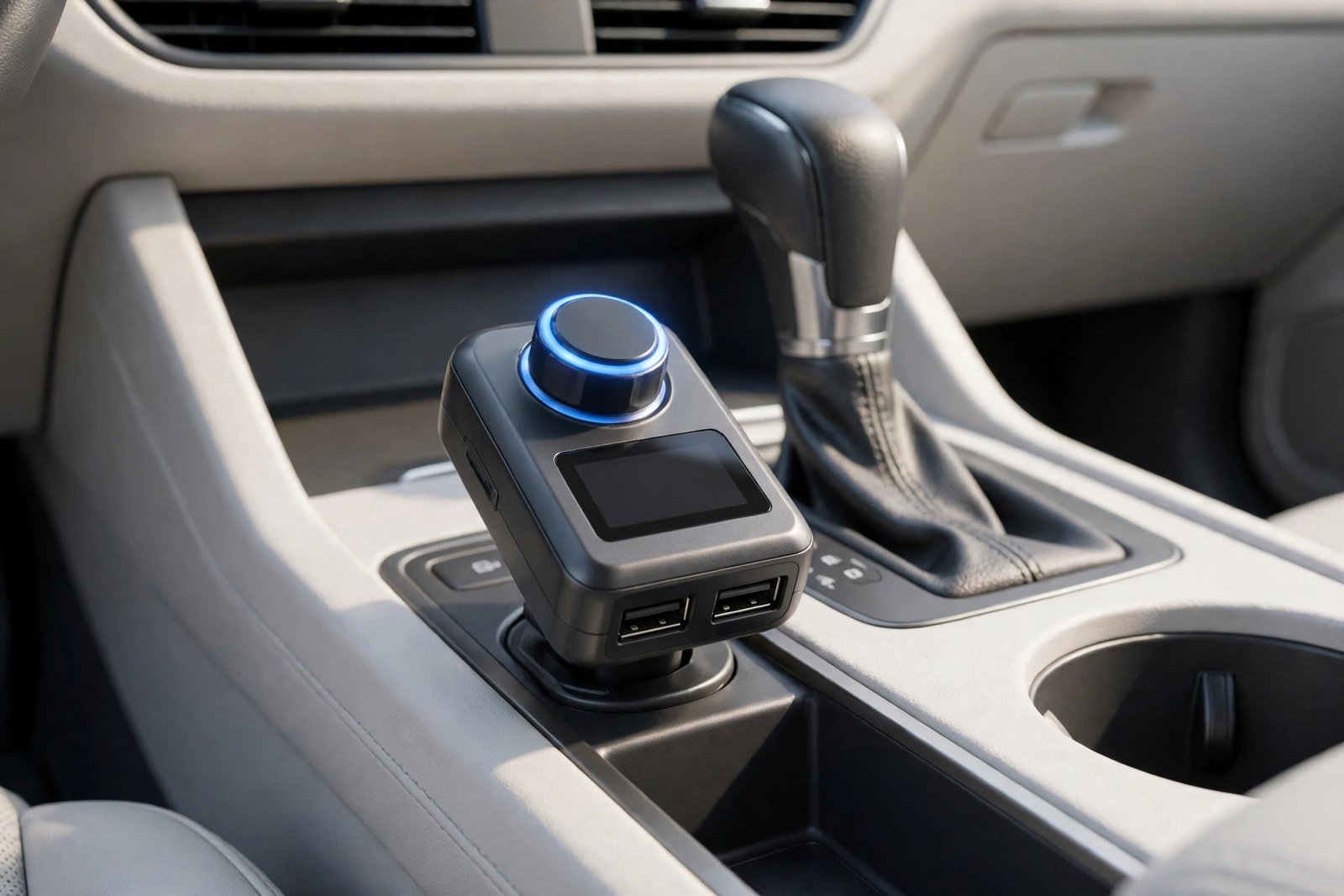 Bluetooth FM transmitter car adapter with control knob plugged into a car power socket