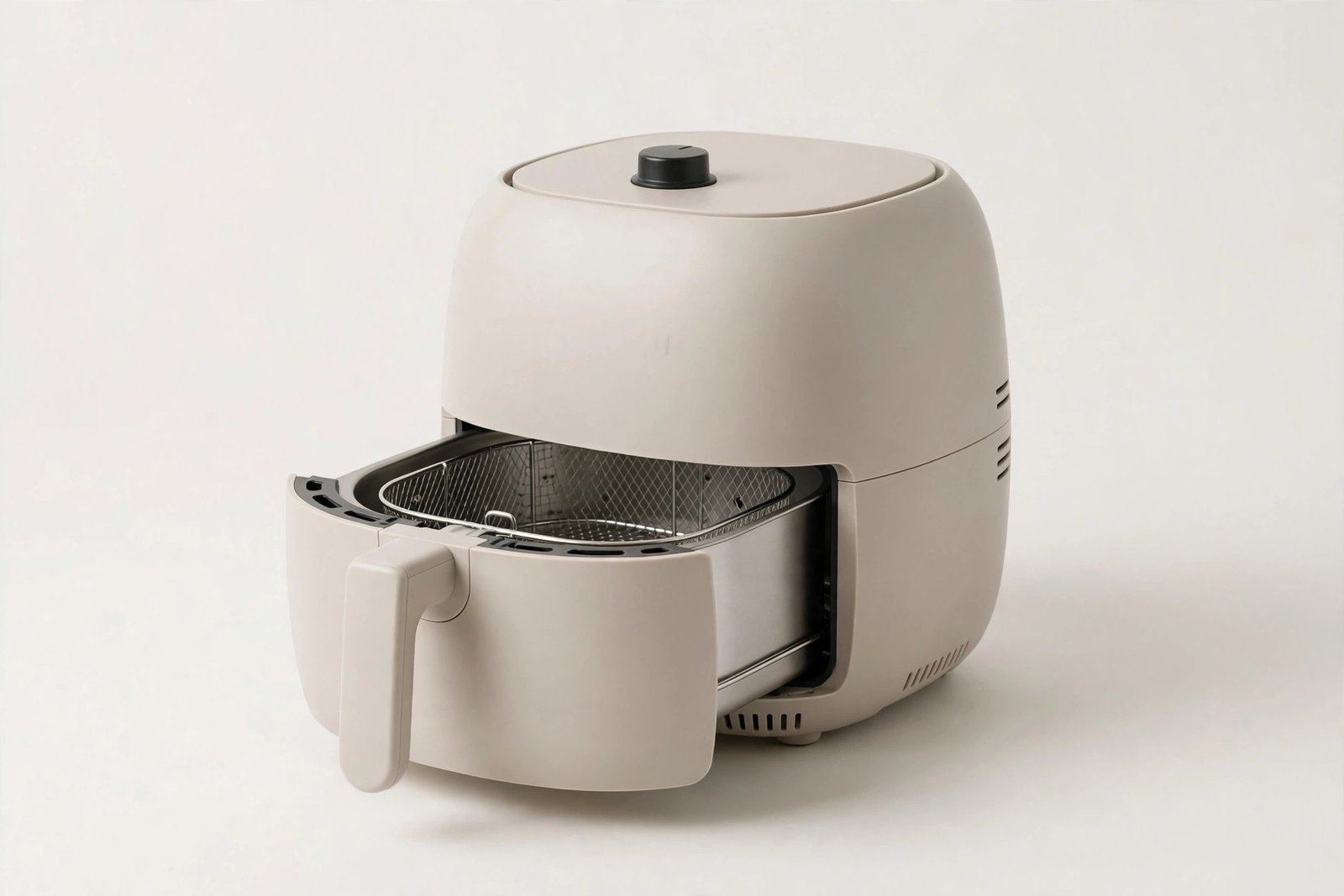 Compact air fryer with a pull-out basket drawer on a light background