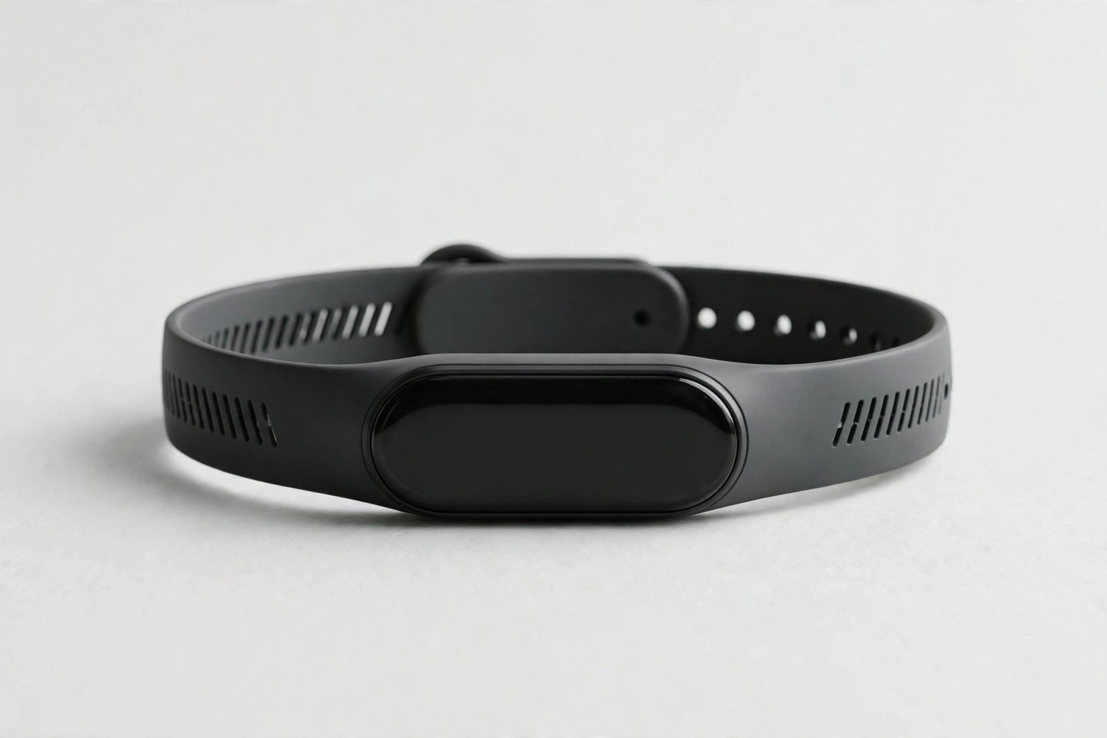 Slim fitness tracker wristband with a plain display on a plain light background