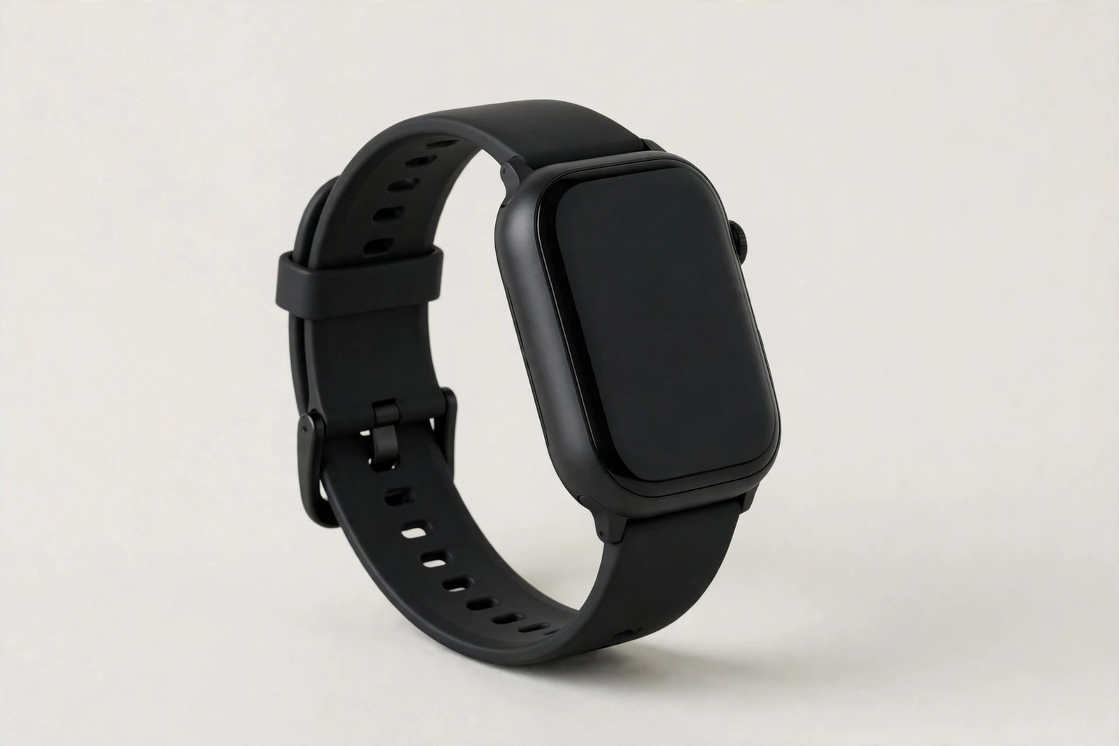 Fitness smartwatch with a black strap and a simple blank watch face on a light background