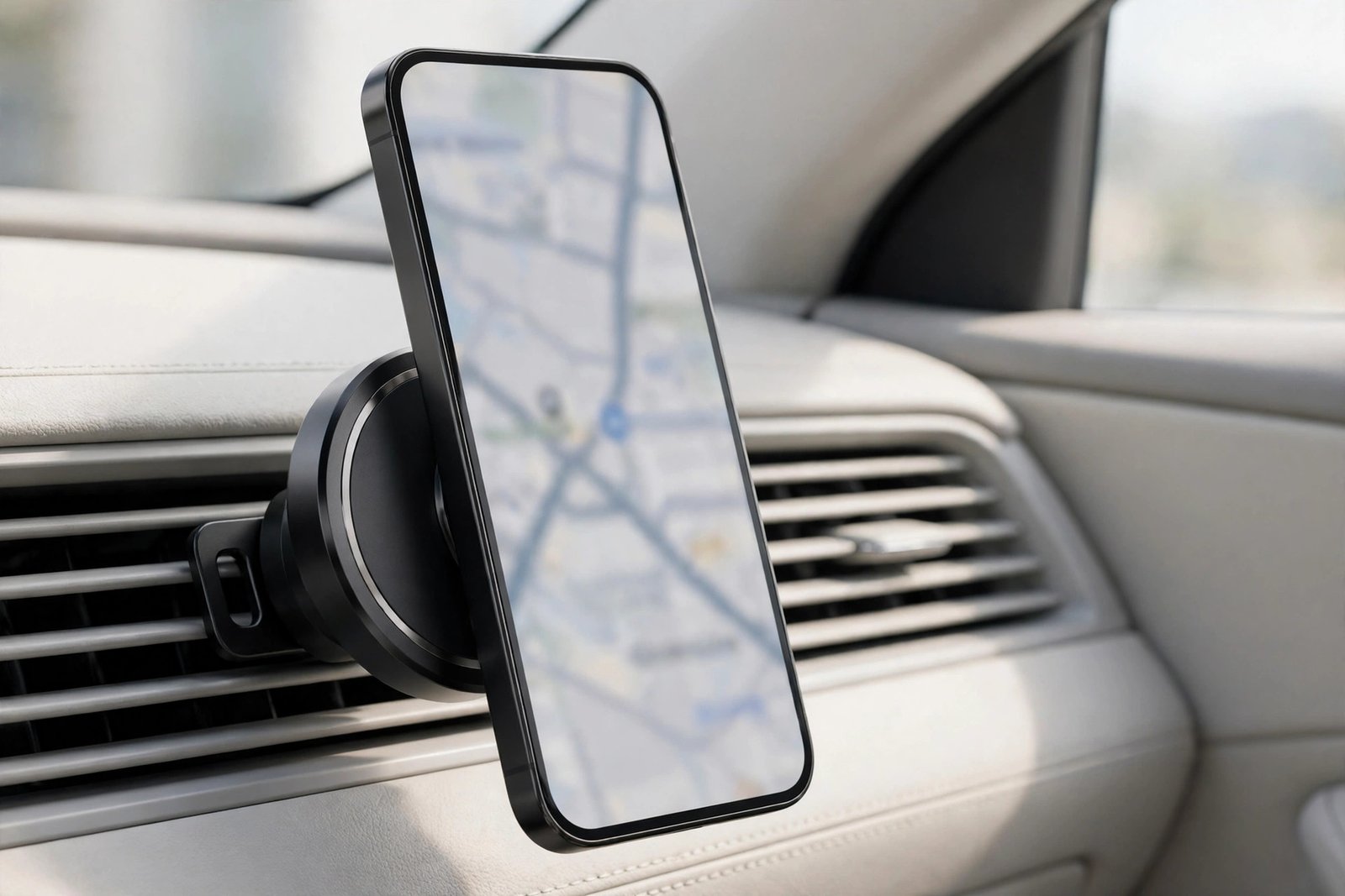 Magnetic car phone mount with wireless charging holding a smartphone on a car air vent