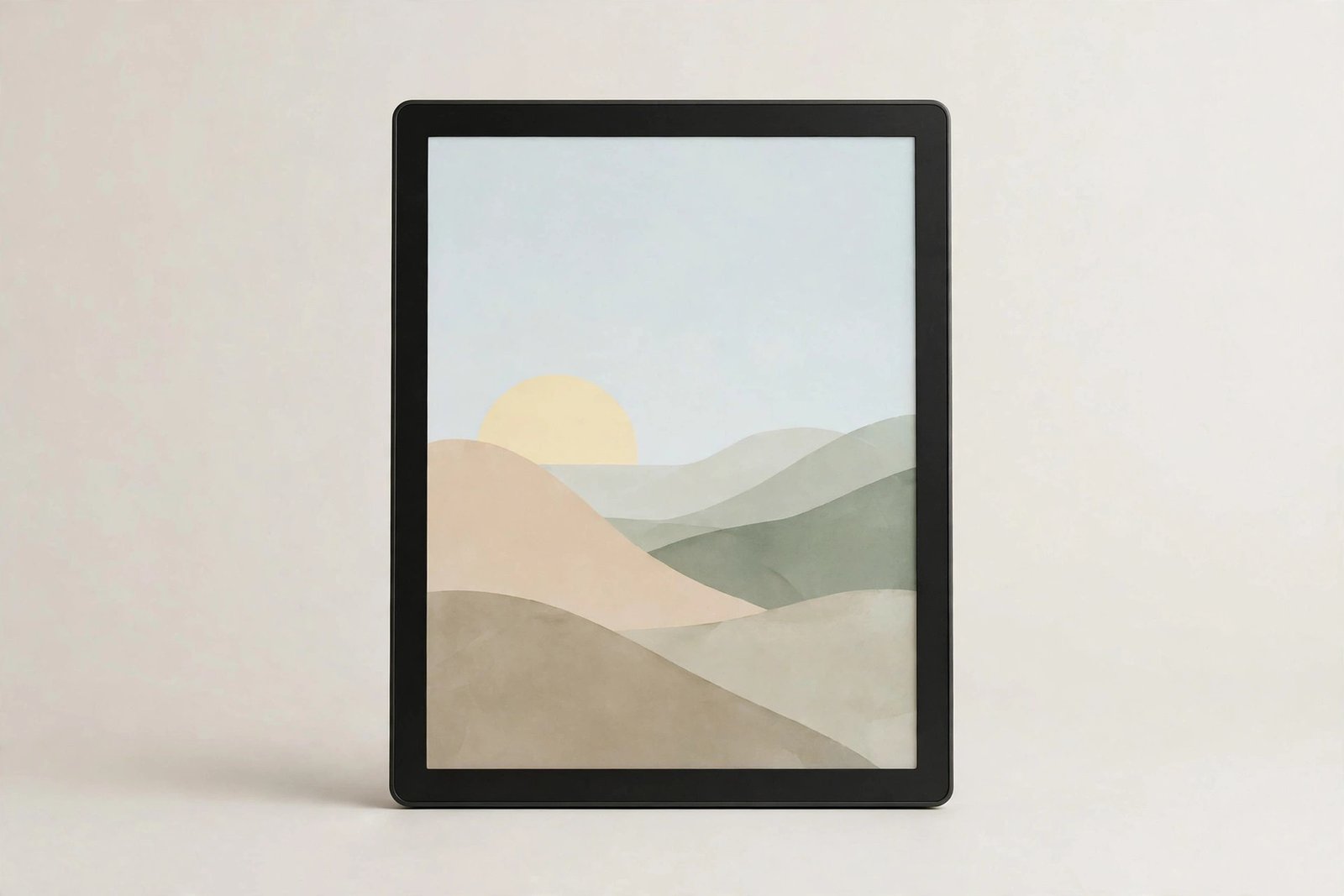 Modern digital photo frame showing a simple abstract landscape on its screen on a plain light background