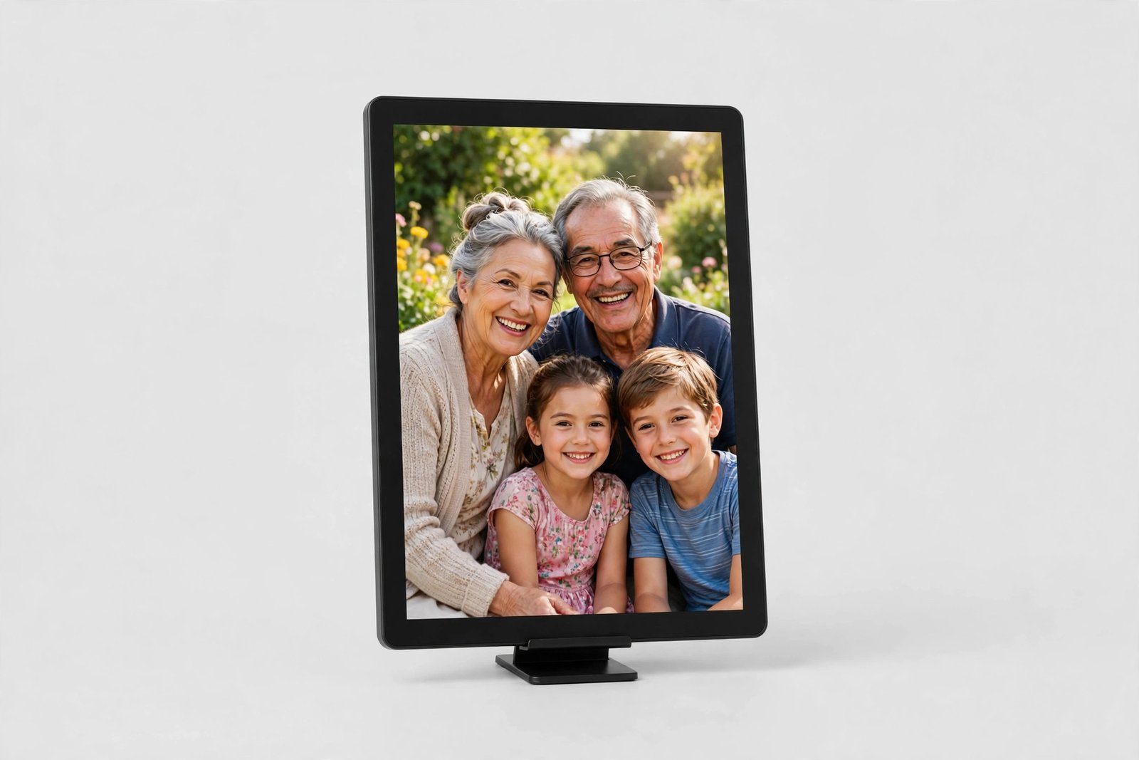 Frameo 10.1 inch WiFi digital picture frame with a bright IPS touchscreen displaying a family photo