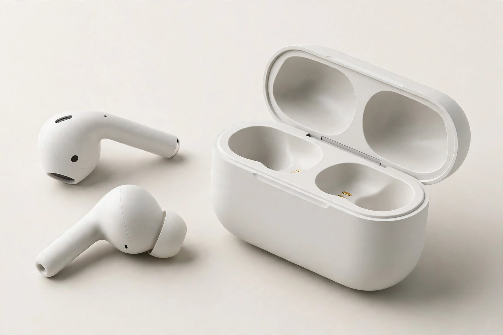 Wireless earbuds beside their open charging case on a plain light background