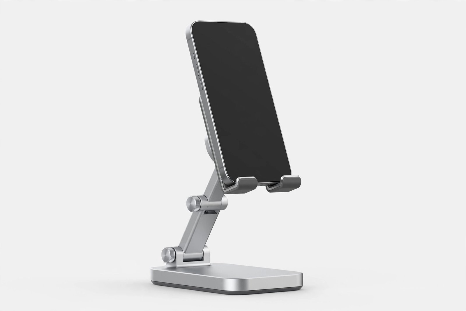 Adjustable phone stand holding a phone upright on a plain light background