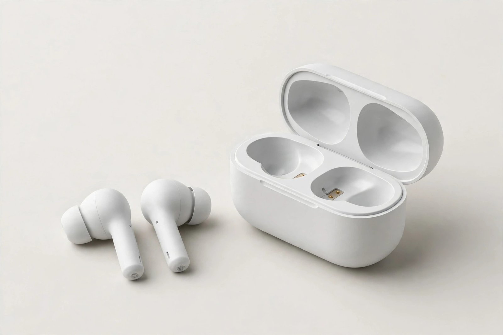 Pair of true wireless earbuds resting beside their open charging case on a light background