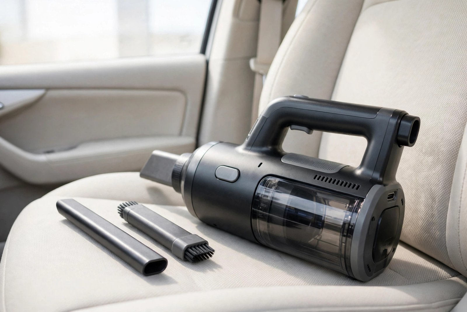 Handheld cordless car vacuum cleaner with crevice nozzle attachments on a car seat