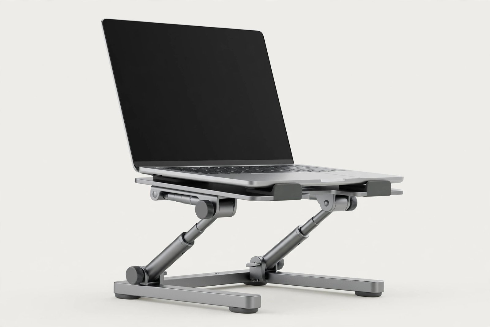 Adjustable laptop stand holding a laptop at eye level on a plain light background