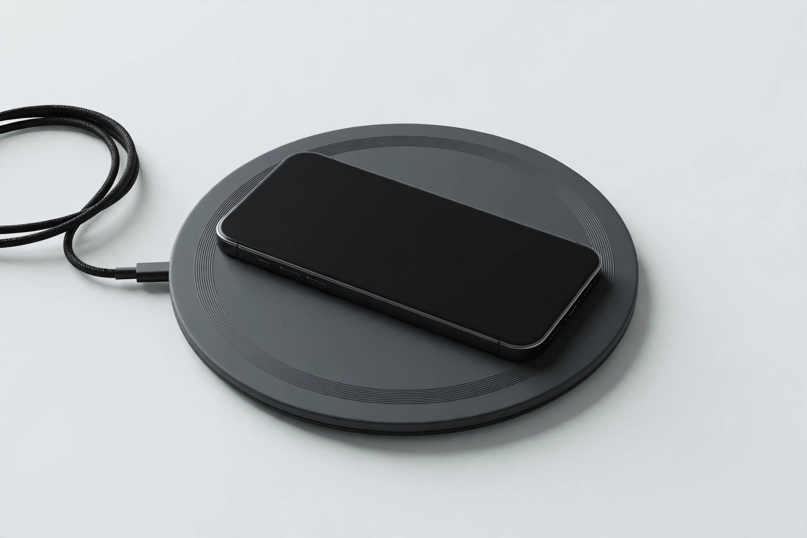 Round wireless charging pad with a phone resting on it on a light background