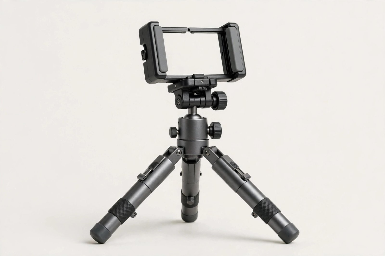 Small mini tripod with a phone holder on a plain light background