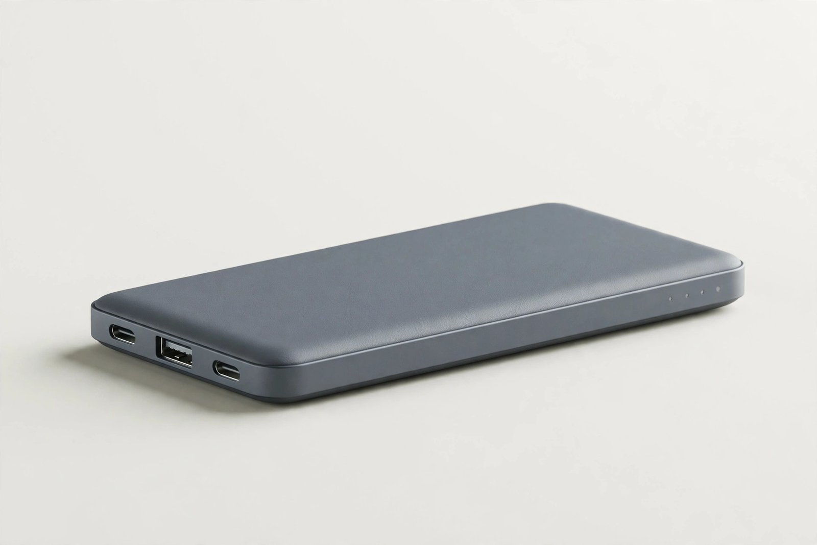 Slim portable power bank on a plain light background