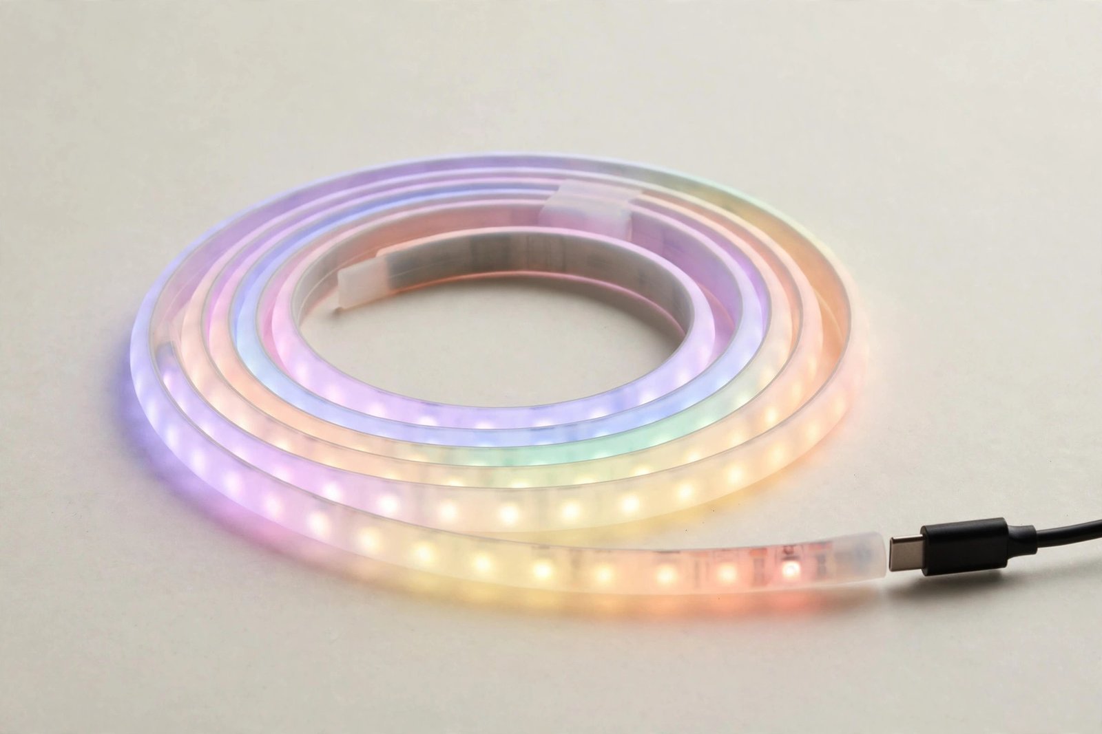 Coiled smart LED light strip glowing in soft colours on a light background