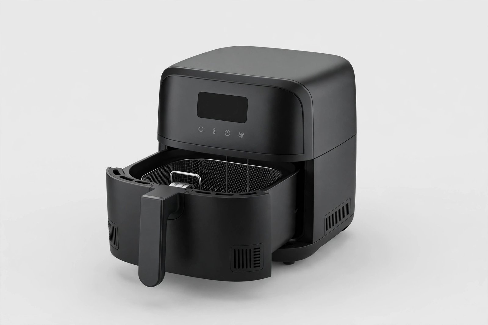 Compact digital air fryer with a pull-out basket drawer on a light background