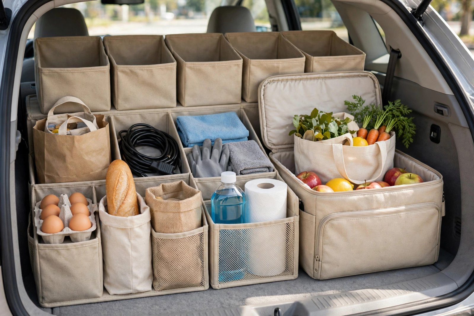 Car trunk organizer with cooler bag section holding groceries and car supplies in an open trunk