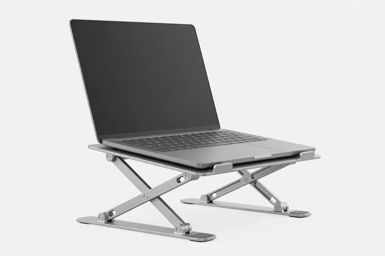 Foldable laptop stand holding a laptop at a raised angle