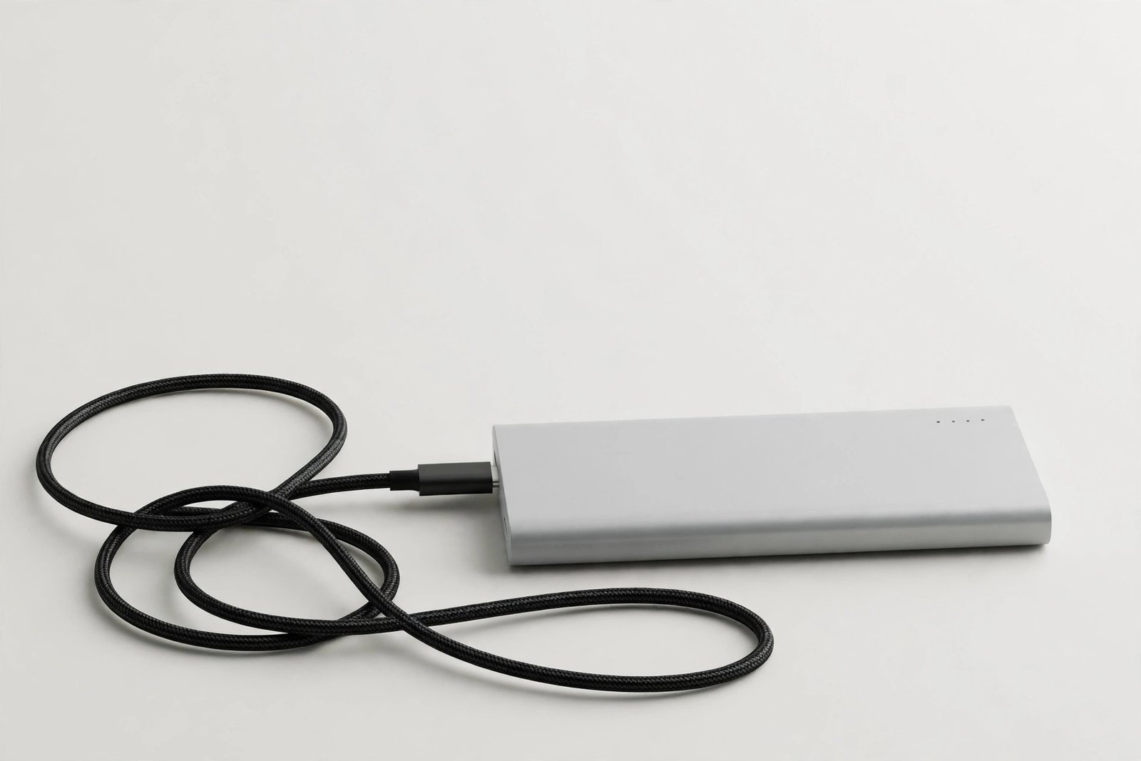 Slim portable power bank with a charging cable on a light background