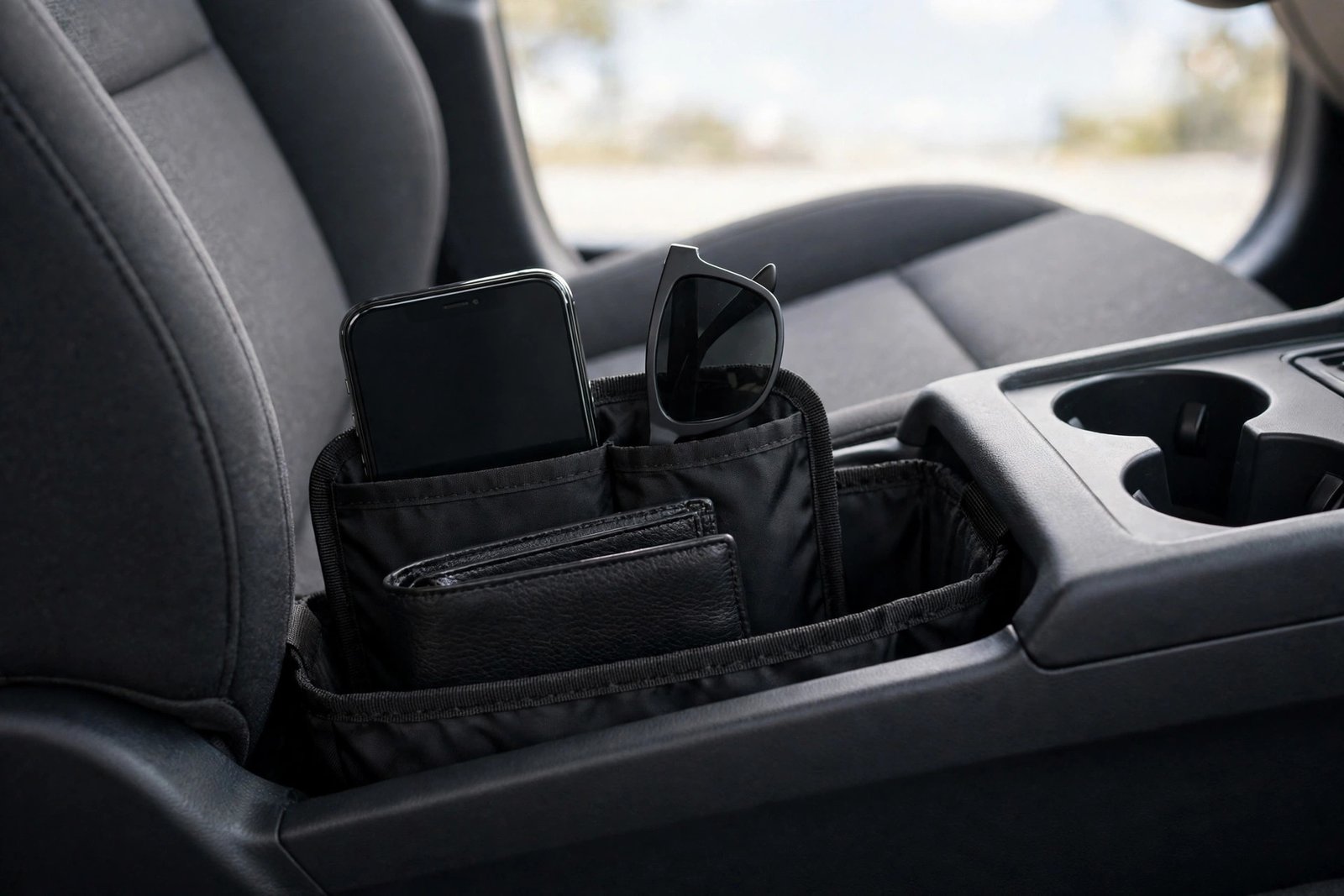 Car seat gap filler organizer between the seat and console holding a phone, sunglasses and wallet