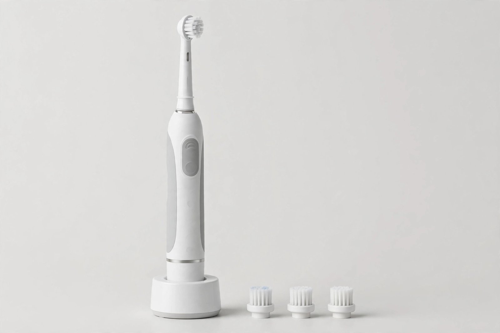 Electric toothbrush in a charging base with spare brush heads on a light background