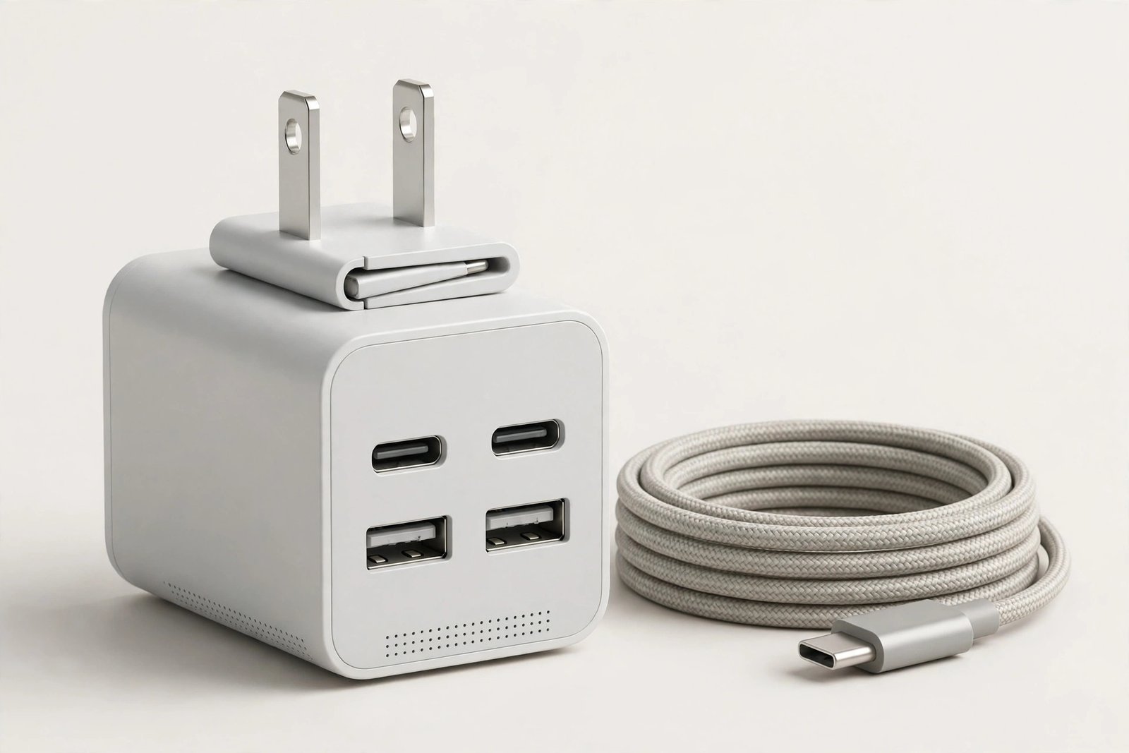 Compact multi-port fast wall charger with several USB ports and a coiled USB-C cable