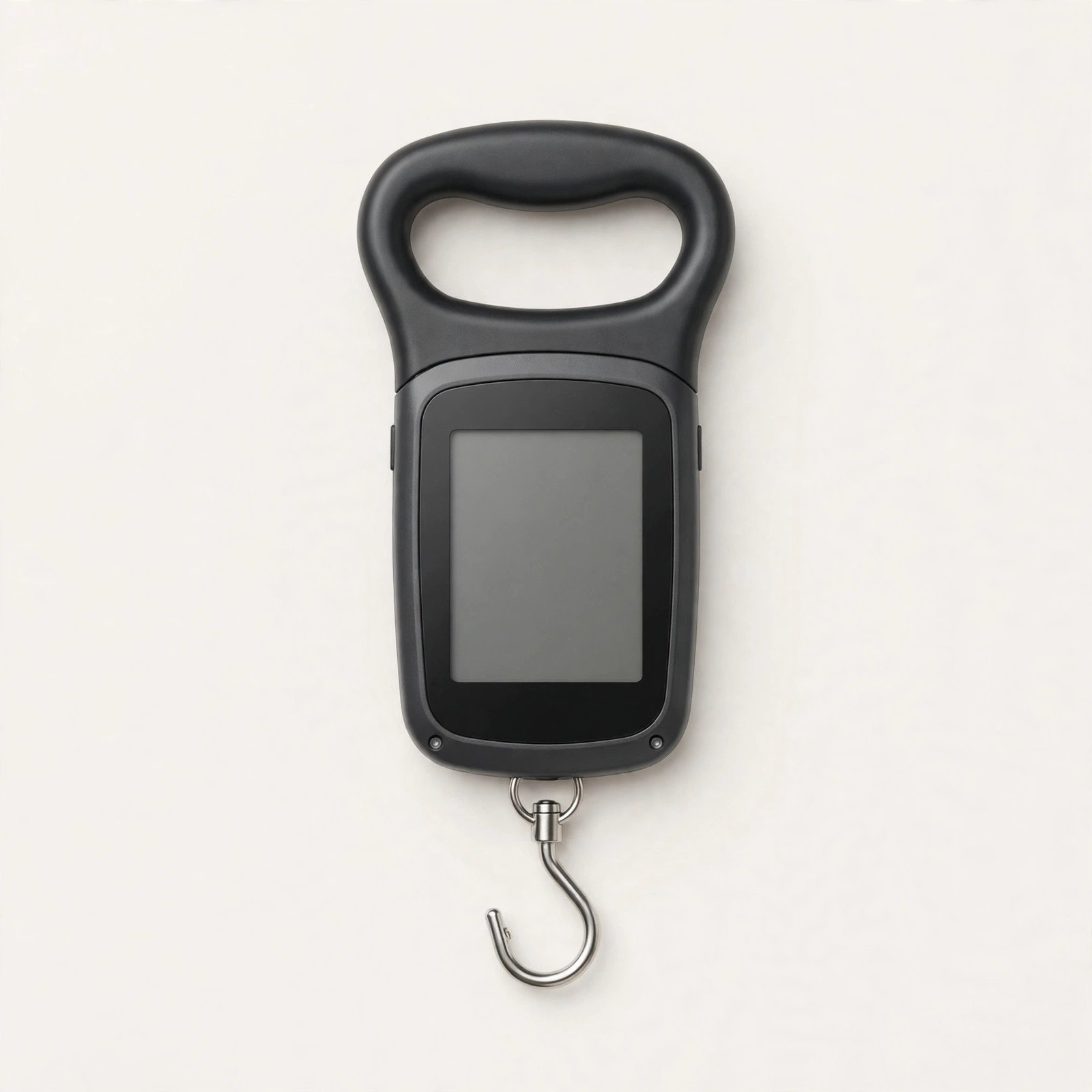 Handheld digital luggage scale with a hook on a plain light background
