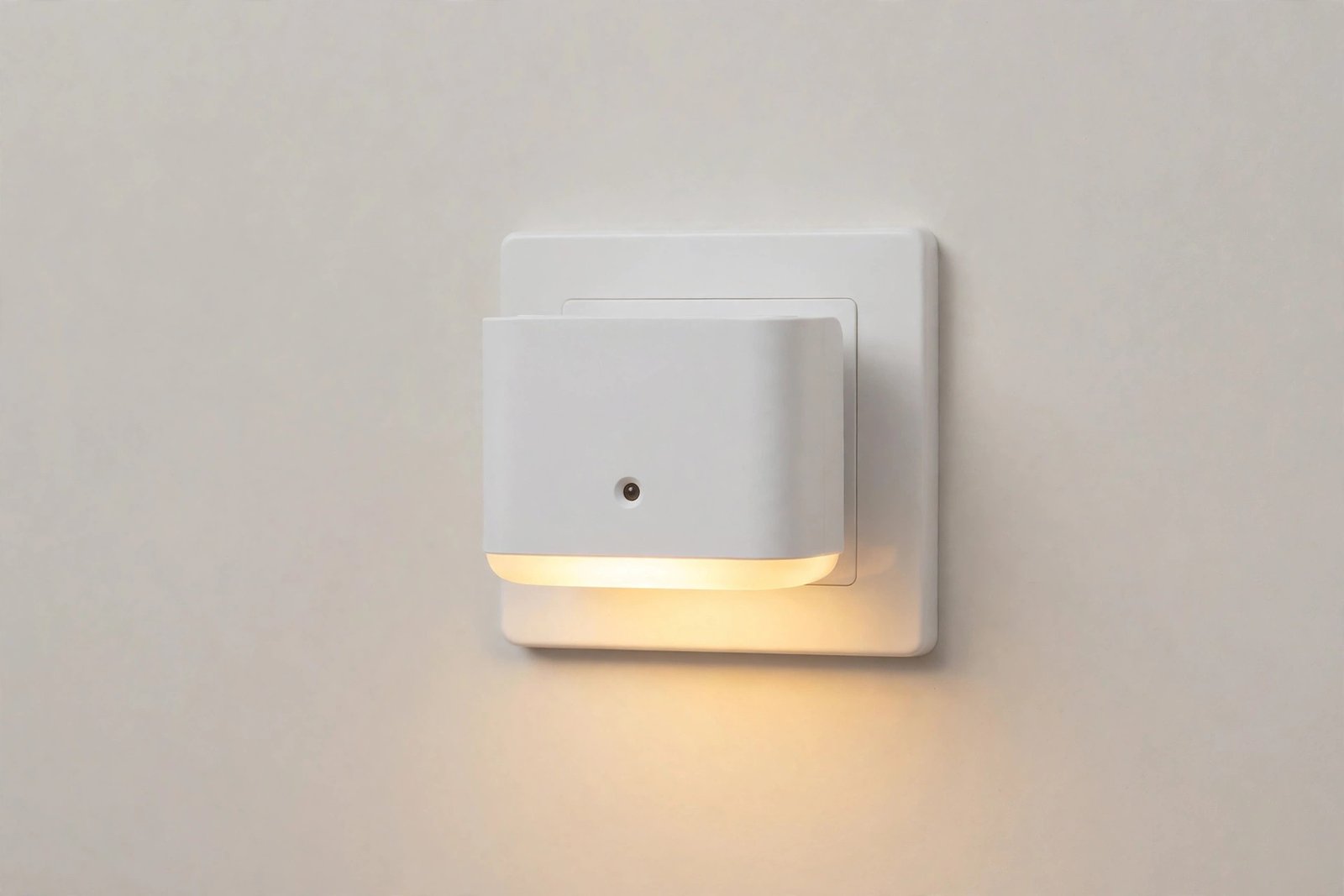 AUVON plug-in motion sensor night light glowing warmly in a wall socket, with a dimmable backlit design that lights the hallway floor