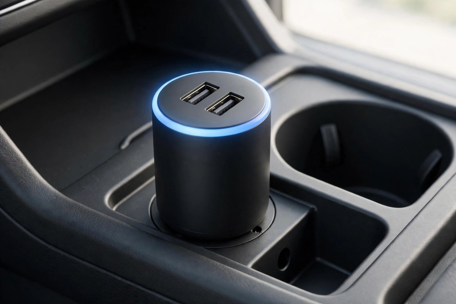 Ionic car air purifier with dual USB ports plugged into a car power socket in the center console