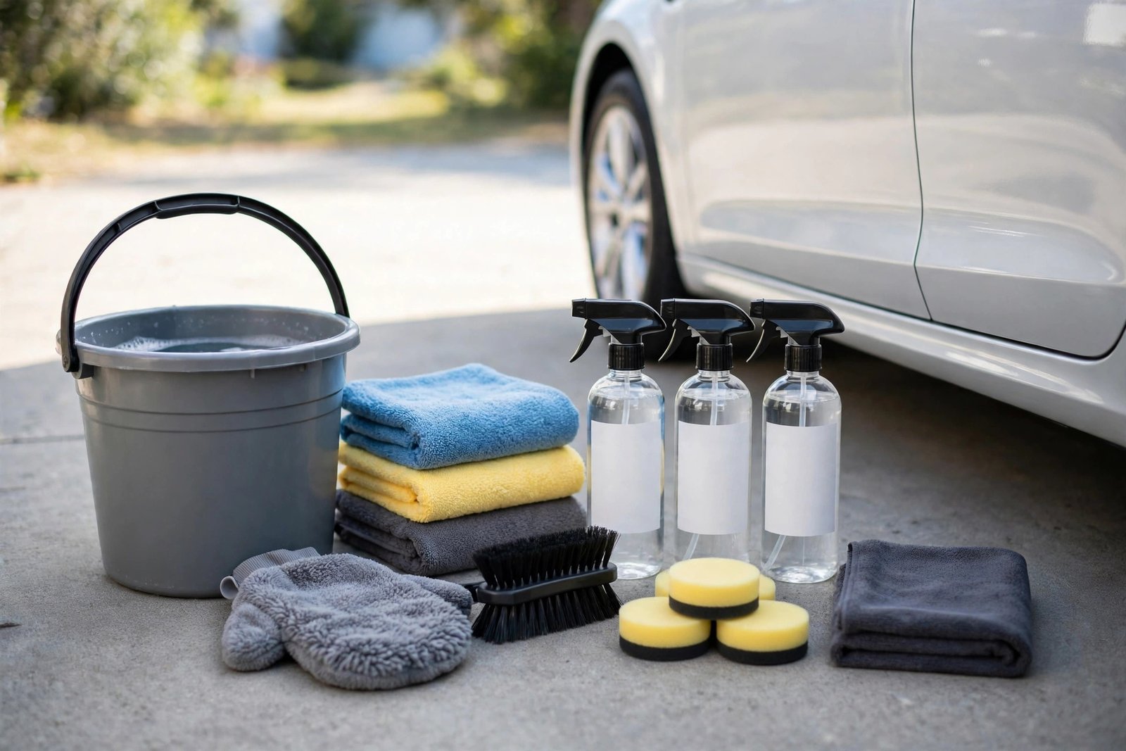 Complete car detailing kit with wash bucket, microfiber towels, wash mitt, wheel brush and spray bottles beside a clean car