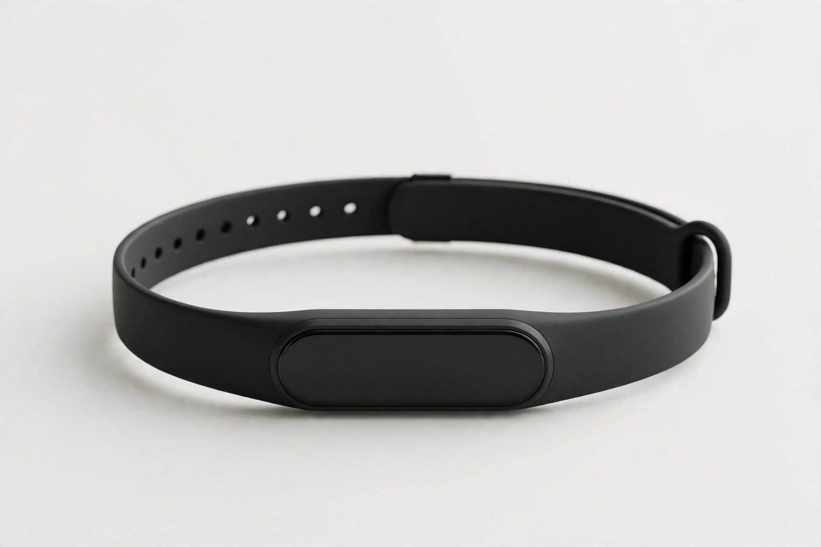 Slim fitness tracker wristband with a plain display on a plain light background